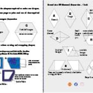 Pu&ograve; includere: Una doppia pagina con diagrammi e testo sulle forme. La pagina sinistra presenta un esagono e un trapezio, con testo che spiega il loro utilizzo. La pagina destra mostra varie forme di diamante e i loro nomi, con testo aggiuntivo.