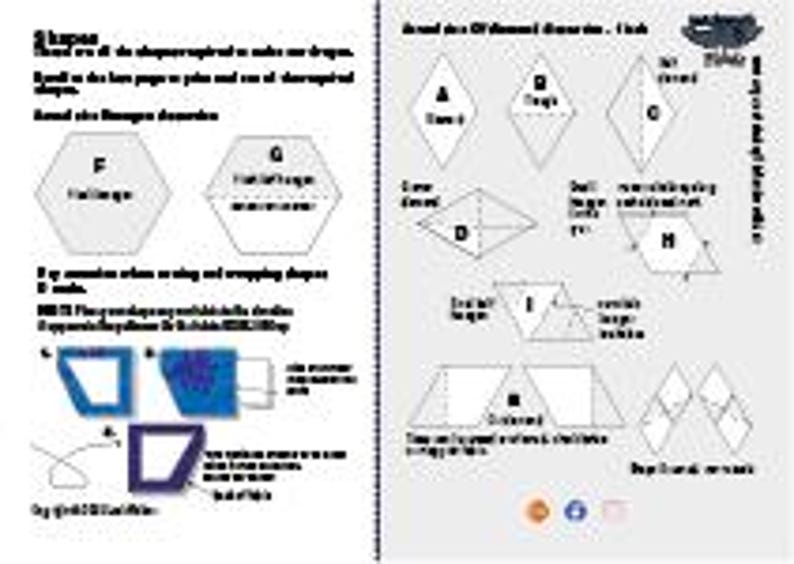 Pu&ograve; includere: Una doppia pagina con diagrammi e testo sulle forme. La pagina sinistra presenta un esagono e un trapezio, con testo che spiega il loro utilizzo. La pagina destra mostra varie forme di diamante e i loro nomi, con testo aggiuntivo.