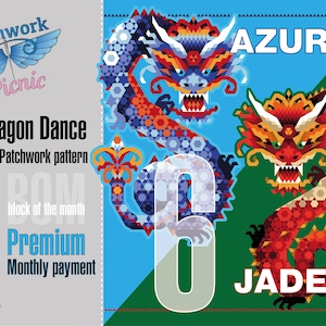 May include: A graphic design featuring two stylized dragons in shades of blue, red, and orange. The word "AZURE" is above one dragon, and "JADE" is below the other. Text includes "Dragon Dance" and "EPP Patchwork pattern".