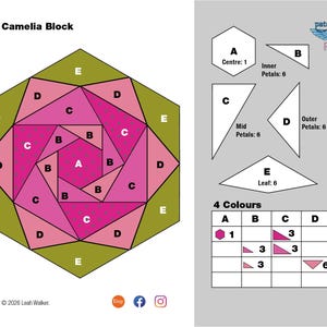 May include: A patchwork quilt block diagram, labelled "The Camelia Block." The design shows a central hexagon surrounded by pink and green petals. Includes a colour chart and shape diagrams for quilting, with metric measurements.