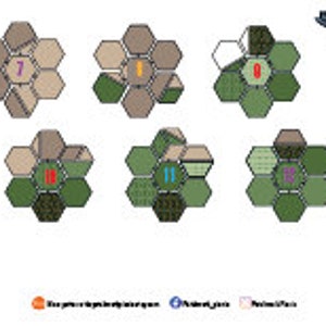 Op de afbeelding: Zes zeshoekige speltegels met verschillende patronen en nummers van 0 tot en met 11. De tegels zijn groen, bruin en wit.