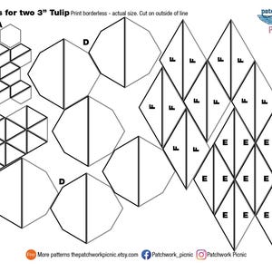 May include: A white paper featuring black line drawings of geometric shapes, labelled A, B, C, D, E, and F. The text at the top says "Pieces for two 7.6 cm Tulip". The image includes the Etsy shop name "Patchwork Picnic".