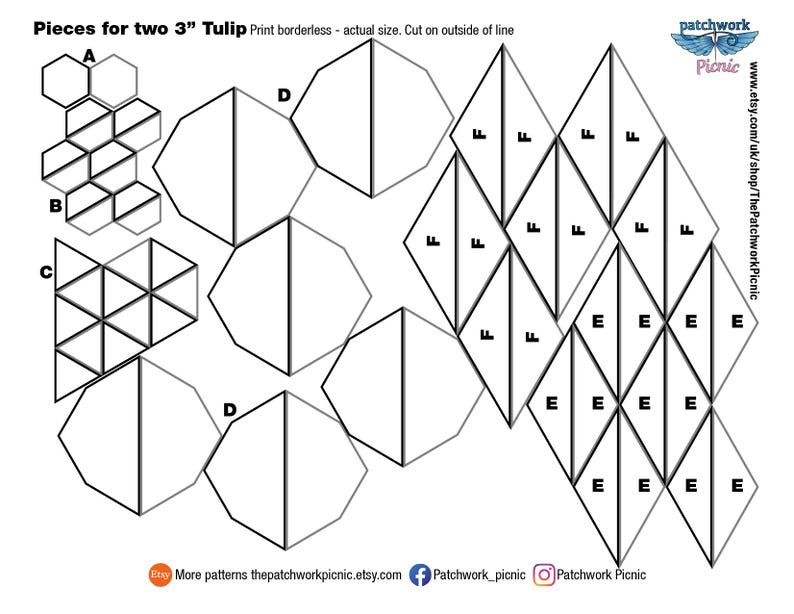 May include: A white paper featuring black line drawings of geometric shapes, labelled A, B, C, D, E, and F. The text at the top says "Pieces for two 7.6 cm Tulip". The image includes the Etsy shop name "Patchwork Picnic".