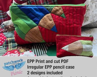 May include: Two patchwork pencil cases, one large and one small, with a red, green, and brown geometric pattern. The text "EPP Print and cut PDF Irregular EPP pencil case 2 designs included Assembly instructions included" is printed below the cases.