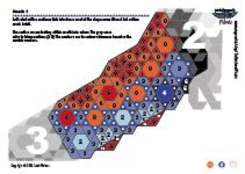 Pu&ograve; includere: Un diagramma con un complesso schema geometrico composto da esagoni e cerchi nelle tonalit&agrave; del rosso, arancione, blu e grigio. I numeri sono posizionati all'interno delle forme. Il testo in alto descrive lo scopo del diagramma. I numeri 2 e 3 sono visibili.