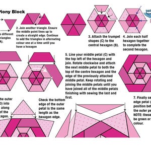 May include: A step-by-step guide for constructing a peony block, a patchwork design. The diagram uses pink triangles and petals to create a hexagonal flower shape. The text includes the title "The Piony Block" and the Etsy shop name.