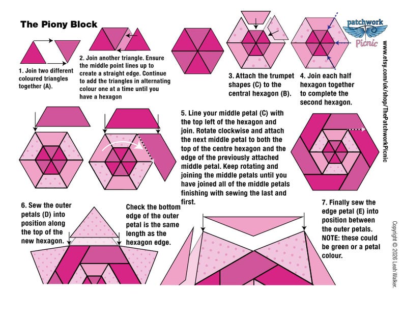 May include: A step-by-step guide for constructing a peony block, a patchwork design. The diagram uses pink triangles and petals to create a hexagonal flower shape. The text includes the title "The Piony Block" and the Etsy shop name.