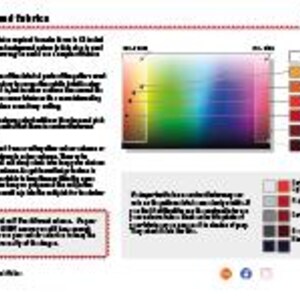 Puede incluir: Una carta de paleta de colores titulada "Colores y telas" con texto y muestras de color. La tabla incluye una rueda de colores, una lista de colores y una secci&oacute;n sobre tipos de telas. Los colores incluyen blanco, beige, naranja, rojo claro, rojo, burdeos y m&aacute;s.