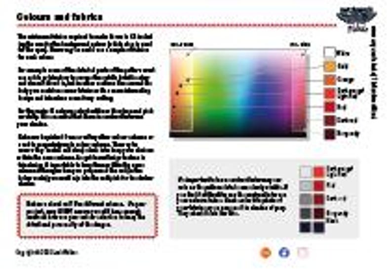Puede incluir: Una carta de paleta de colores titulada "Colores y telas" con texto y muestras de color. La tabla incluye una rueda de colores, una lista de colores y una secci&oacute;n sobre tipos de telas. Los colores incluyen blanco, beige, naranja, rojo claro, rojo, burdeos y m&aacute;s.