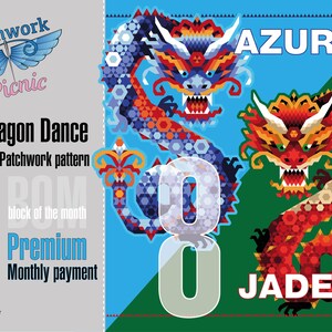 Pode incluir: Um design gráfico com dois dragões estilizados em tons de azul, vermelho e laranja sobre um fundo azul e verde. O texto inclui "Dragon Dance" e "EPP Patchwork pattern". As palavras "Azure" e "Jade" também são visíveis.