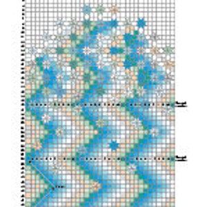Op de afbeelding: Een kruissteekpatroon met een blauw, groen en wit bloemenontwerp. Het patroon bevindt zich op een raster met genummerde vierkanten. Het patroon heeft de titel "Bloem 2 - lagere kleuren".