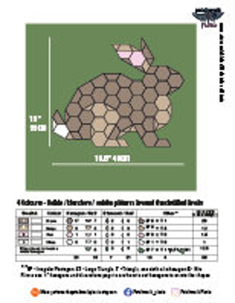 Op de afbeelding: Een bruin en beige konijnvormig moza&iuml;ek gemaakt van zeshoekige tegels. De moza&iuml;ek is 29,2 cm breed en 45,7 cm hoog. De moza&iuml;ek is op een groene achtergrond. De afbeelding bevat een tabel met het aantal tegels dat voor elke kleur nodig is.