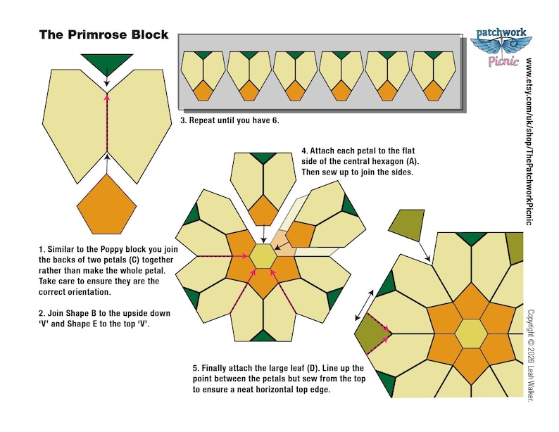 May include: A quilting pattern diagram for a primrose block. The design uses geometric shapes in yellow, orange, and green, with instructions and labels. Text includes "The Primrose Block" and "patchwork Picnic".