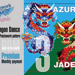Może przedstawiać: Grafika z dwoma stylizowanymi smokami w odcieniach niebieskiego i czerwonego na niebieskim i zielonym tle. Tekst zawiera "Dragon Dance", "AZURE" i "JADE".
