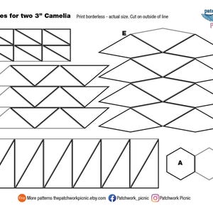May include: A white paper with black line drawings of geometric shapes for a patchwork project. The text reads "Pieces for two 7.6 cm Camelia". Includes triangles, rectangles, and hexagons. The Etsy shop name and social media handles are also visible.