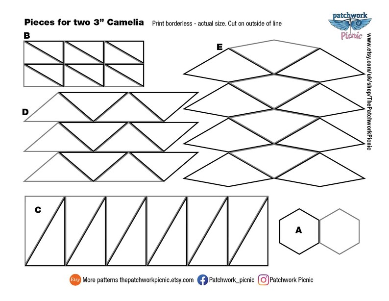 May include: A white paper with black line drawings of geometric shapes for a patchwork project. The text reads "Pieces for two 7.6 cm Camelia". Includes triangles, rectangles, and hexagons. The Etsy shop name and social media handles are also visible.