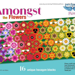 May include: A vibrant graphic with hexagon blocks depicting flowers and bees. The text reads "Amongst the Flowers" and "16 unique hexagon blocks". The image also includes a website address and a copyright notice.