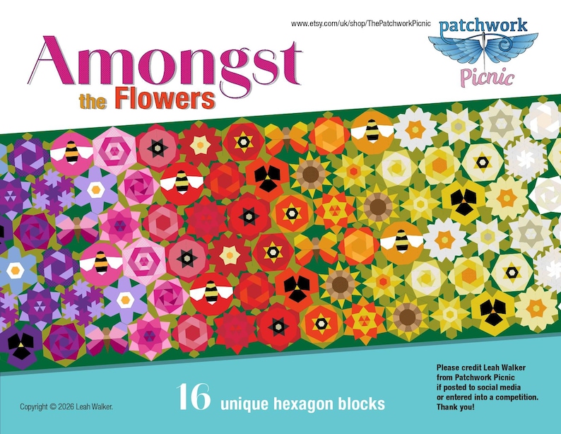 May include: A vibrant graphic with hexagon blocks depicting flowers and bees. The text reads "Amongst the Flowers" and "16 unique hexagon blocks". The image also includes a website address and a copyright notice.