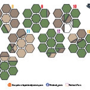Pode incluir: Diagrama mostrando 10 layouts diferentes de ladrilhos hexagonais para um jogo de tabuleiro. Cada layout &eacute; numerado e apresenta uma combina&ccedil;&atilde;o de ladrilhos verdes, marrons e brancos.