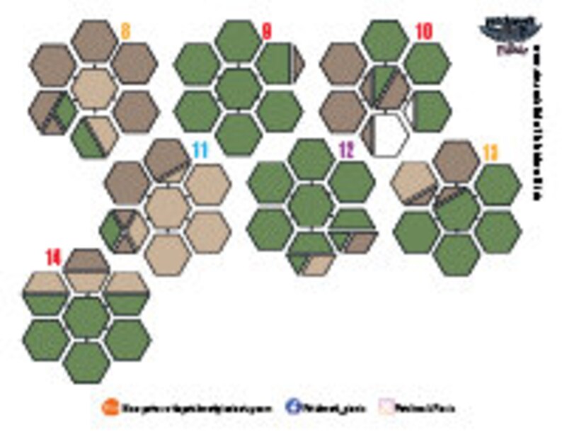 Pode incluir: Diagrama mostrando 10 layouts diferentes de ladrilhos hexagonais para um jogo de tabuleiro. Cada layout &eacute; numerado e apresenta uma combina&ccedil;&atilde;o de ladrilhos verdes, marrons e brancos.