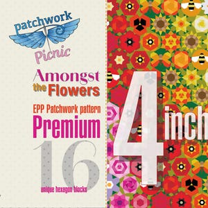 Może przedstawiać: Wzór patchworku z tekstem "Patchwork Picnic Amongst the Flowers". Projekt zawiera ilustrację niebieskiego motyla i słowo "Premium". Liczba "4 inch" (10 cm) jest wyświetlana z kolorowym wzorem kwiatowym.