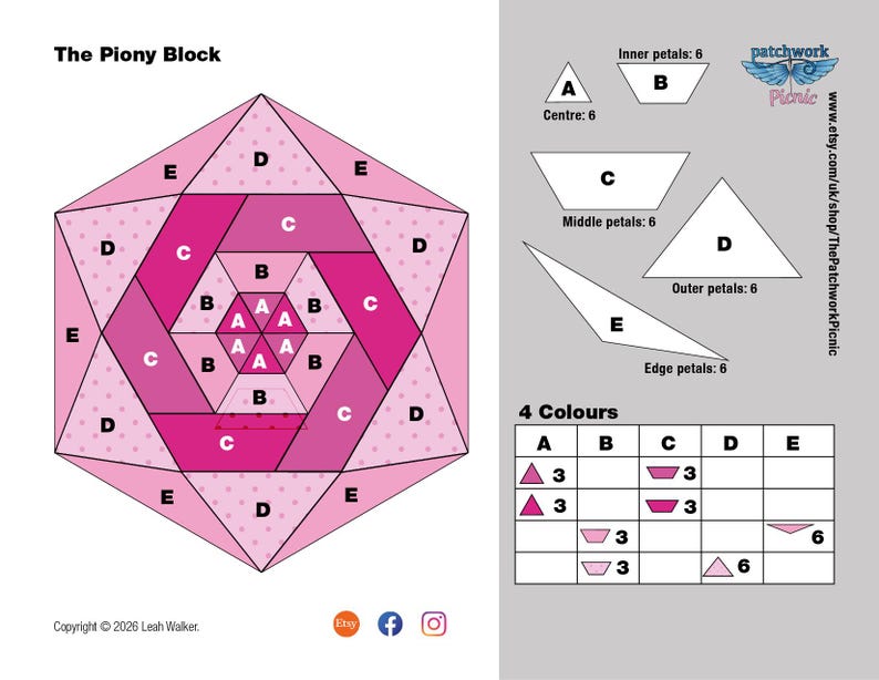May include: A diagram labelled "The Piony Block" showing a geometric floral design. The design features a central hexagon surrounded by pink and magenta shapes, labelled A to E. A colour chart details the use of four colours.
