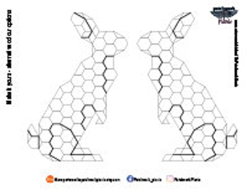 Pode incluir: Dois desenhos em preto e branco de coelhos, cada um composto por uma s&eacute;rie de formas hexagonais.