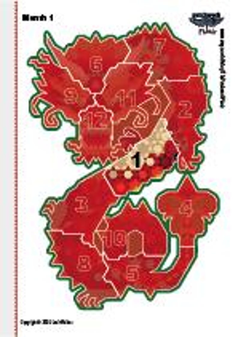Puede incluir: Ilustraci&oacute;n de un drag&oacute;n rojo con forma de colorear por n&uacute;meros, con secciones numeradas. El drag&oacute;n tiene un dise&ntilde;o detallado con un contorno verde y el texto "March 1" en la parte superior izquierda. La imagen incluye el texto "Copyright 2024 Lori Nelson".