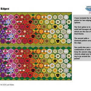 May include: A patchwork design called "The Edges" with floral and geometric patterns. The design features hexagons, flowers, and bees in a gradient of colours from purple to yellow. Text on the right side provides edging options. Copyright 2026 Leah Walker.