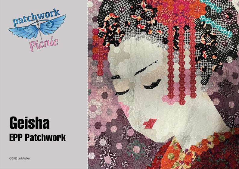 Pu&ograve; includere: Un quilt patchwork che raffigura una Geisha con un design floreale rosso e rosa. Il quilt &egrave; realizzato con English Paper Piecing (EPP) e si intitola "Geisha EPP Patchwork".