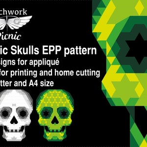 Può includere: Un modello di download digitale per realizzare due disegni di teschi usando l'English Paper Piecing (EPP). Il modello include istruzioni per l'appliqué ed è disponibile in formato lettera US e A4.