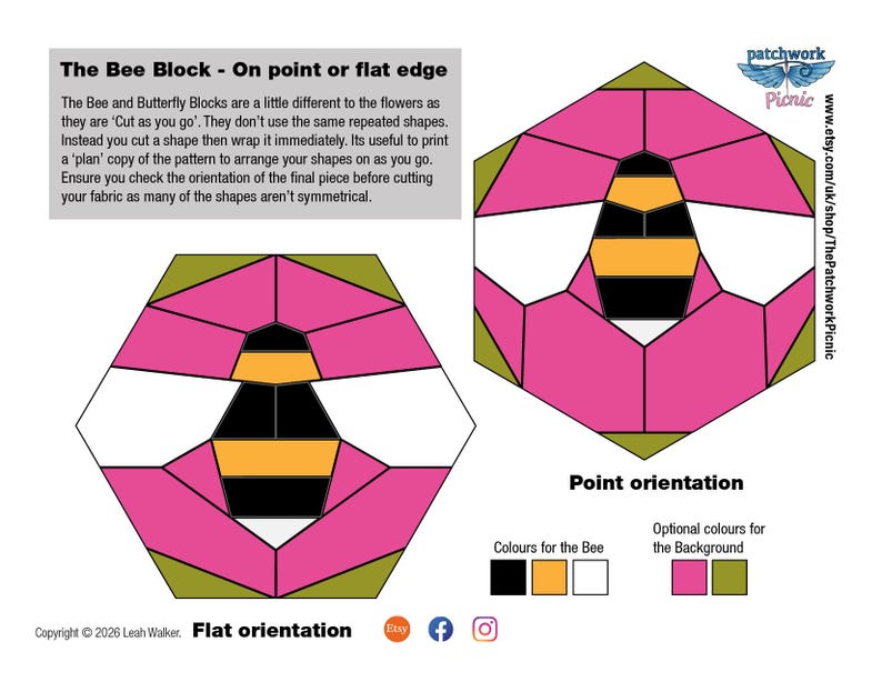 May include: A quilting pattern diagram for a bee block design. The image shows a bee shape in black, yellow, and white, set within a pink and green geometric pattern. Text reads "The Bee Block - On point or flat edge".