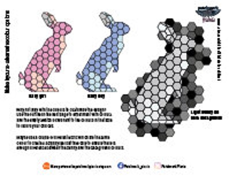 Pode incluir: Um diagrama mostrando um coelho com diferentes padr&otilde;es de cores. O coelho &eacute; composto por formas hexagonais. O coelho &eacute; mostrado em tr&ecirc;s esquemas de cores diferentes: rosa, azul e cinza.