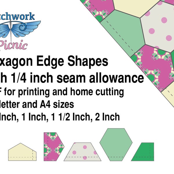 EPP Edge Hexagon shapes with seam allowance - 4 sizes PDF print and cut