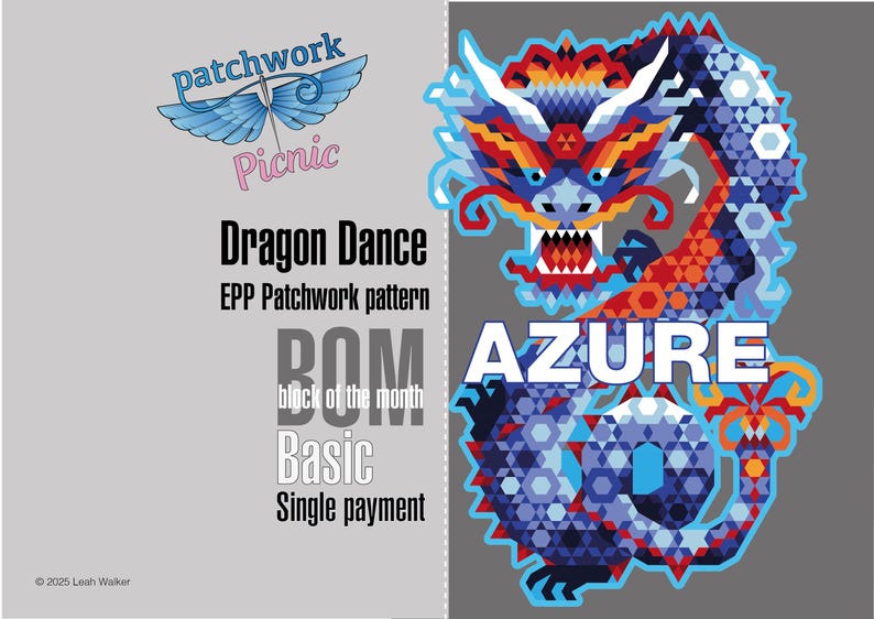 Pu&ograve; includere: Un design grafico colorato con un drago e testo. Il drago &egrave; principalmente blu con dettagli rossi, arancioni e gialli. Il testo include "Dragon Dance", "AZURE" e "Patchwork Picnic".