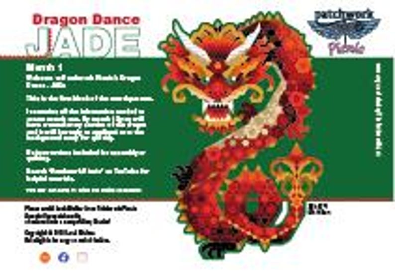 Puede incluir: Un patr&oacute;n de punto de cruz que presenta un drag&oacute;n rojo, naranja y dorado con detalles intrincados. El dise&ntilde;o incluye el texto "Dragon Dance Jade" y "March 1" sobre un fondo verde. La imagen tambi&eacute;n incluye el logotipo de "patchwork pueblo".