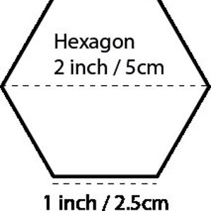 Pu&ograve; includere: Un modello a forma di esagono con il testo "Hexagon 2 pollici / 5 cm" e "1 pollice / 2,5 cm" stampato su di esso.