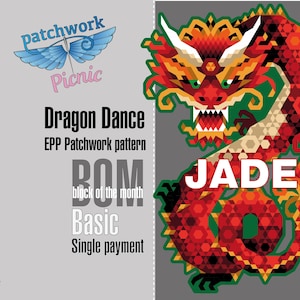 Op de afbeelding: Een grafisch ontwerp met een rode en oranje draak met het woord "JADE" in het wit. Het ontwerp bevat ook de tekst "Dragon Dance" en "Patchwork Picnic". De achtergrond is verdeeld tussen grijs en donkergrijs.