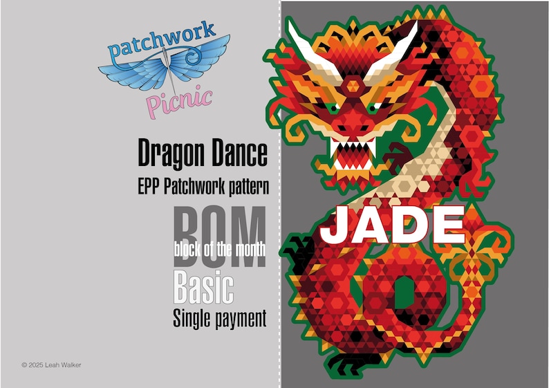 Puede incluir: Un dise&ntilde;o gr&aacute;fico con un drag&oacute;n rojo y naranja y la palabra "JADE" en blanco. El dise&ntilde;o tambi&eacute;n incluye el texto "Dragon Dance" y "Patchwork Picnic". El fondo est&aacute; dividido entre gris y gris oscuro.
