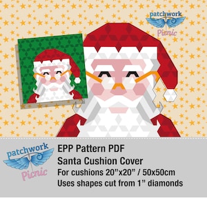 Könnte beinhalten: Geometrische Illustration des Weihnachtsmanns mit roter Mütze, weißem Bart und goldener Brille. Das Bild ist ein Muster für einen Weihnachtsmann-Kissenbezug, entworfen für Kissen mit den Maßen 50cm x 50cm. Das Muster verwendet Formen, die aus 2,5cm-Diamanten geschnitten sind.
