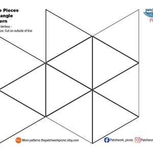 May include: A white pattern sheet with black geometric shapes. The text "Edge Pieces Flat angle Pattern" is at the top left. The text "Print borderless - actual size. Cut on outside of line" is below the title. The Patchwork Picnic logo is in the top right.