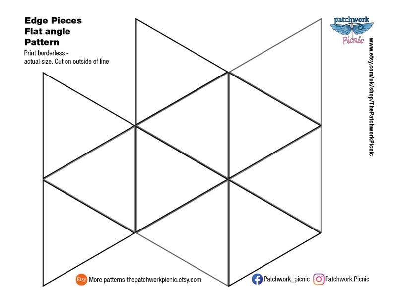 May include: A white pattern sheet with black geometric shapes. The text "Edge Pieces Flat angle Pattern" is at the top left. The text "Print borderless - actual size. Cut on outside of line" is below the title. The Patchwork Picnic logo is in the top right.