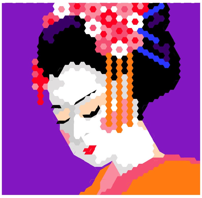 Pu&ograve; includere: Un'illustrazione digitale di una donna con i capelli neri, che indossa una corona di fiori rosa e bianca e un kimono con motivi bianchi e arancioni. La donna ha gli occhi chiusi e guarda in basso. Lo sfondo &egrave; viola.