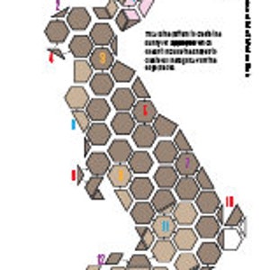 Pode incluir: Um mosaico em forma de coelho marrom e branco feito de azulejos hexagonais. Os azulejos s&atilde;o numerados de 1 a 13. O coelho est&aacute; em p&eacute; sobre um fundo branco.