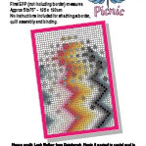 Op de afbeelding: Een digitaal patroon voor een patchwork-deken genaamd "Parade". Het patroon heeft een kleurrijk ontwerp met tinten grijs, zwart, geel, oranje en roze. Het patroon is ontworpen door Patchwork Picnic.