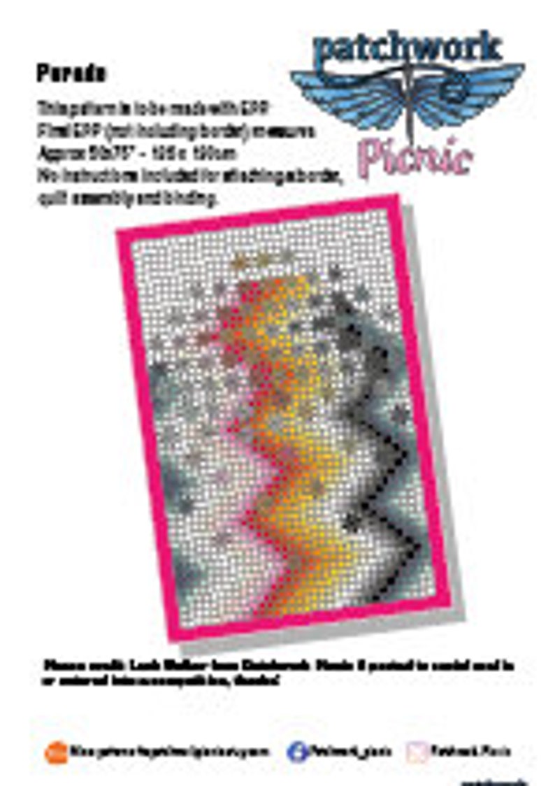 Op de afbeelding: Een digitaal patroon voor een patchwork-deken genaamd "Parade". Het patroon heeft een kleurrijk ontwerp met tinten grijs, zwart, geel, oranje en roze. Het patroon is ontworpen door Patchwork Picnic.