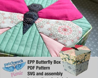 Quilted Butterfly Hexagon Box Pattern - PDF download svg included. A4 and US letter size