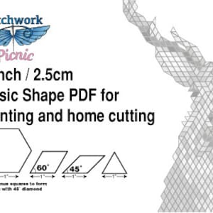 May include: A digital download for a patchwork quilt pattern. The image shows a deer silhouette made of diamond shapes, along with a hexagon, a 60-degree parallelogram, a 45-degree parallelogram, and a triangle. The text reads "1 inch / 2.5cm Basic Shape PDF for Printing and home cutting".