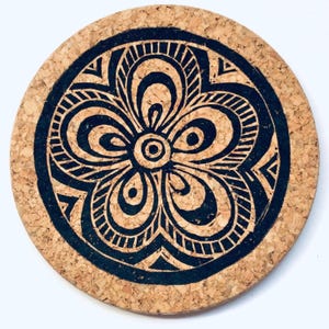 Set of 4 Patterned Cork Coasters, Hand Printed Coasters, Flower Coasters,  House warming gift , Fun Coasters, Hand Made Gift,