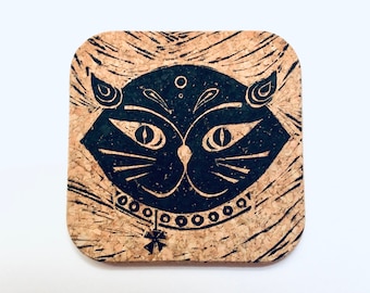 Set of 4 Cork Cat Coasters, Mother’s Day Gift, Hand Printed Coasters, Cat lover gift, Burthday gift, Cute Cat Coaster, Animal Coasters,